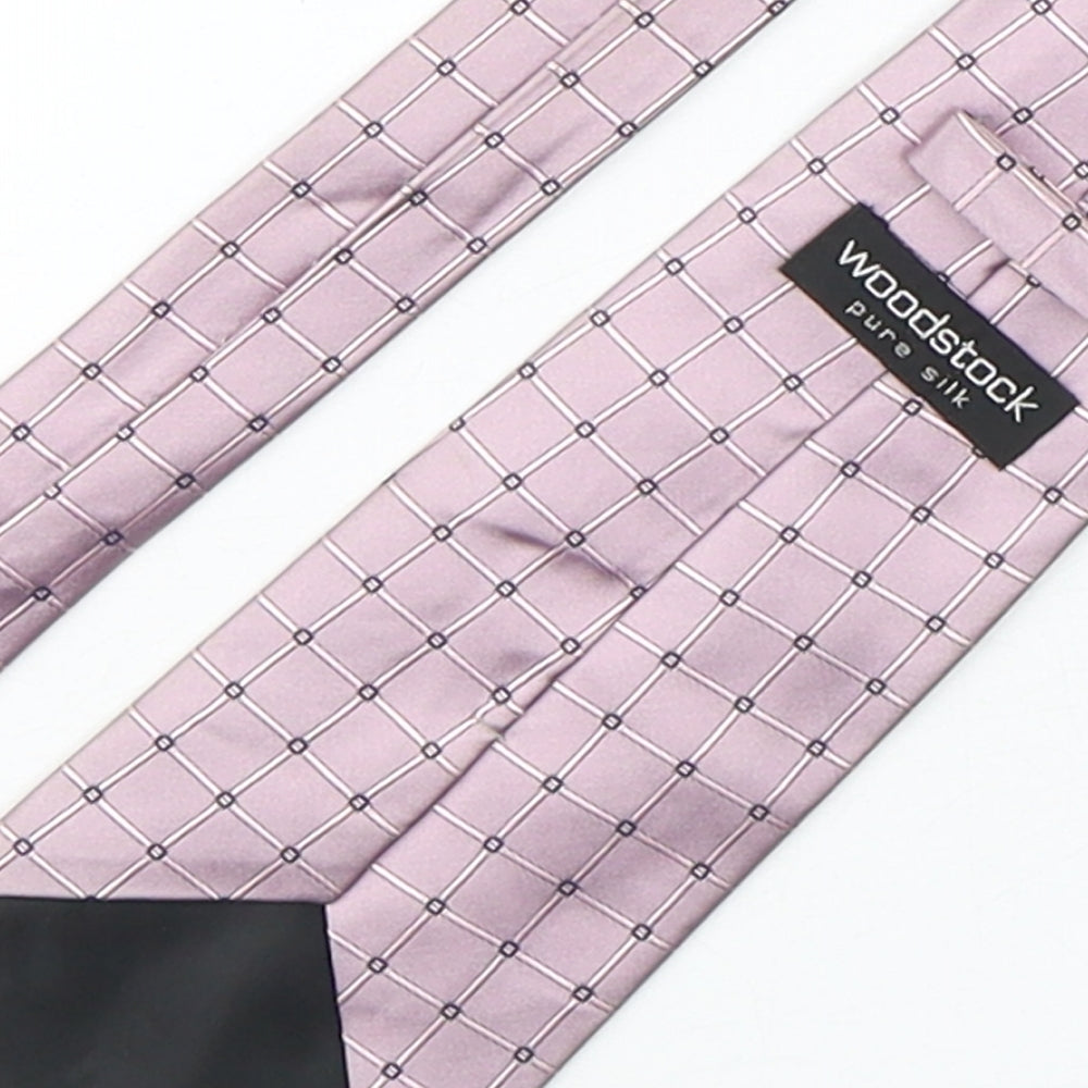 Brand and care label for Woodstock men’s pink plaids & checks silk pointed tie one size