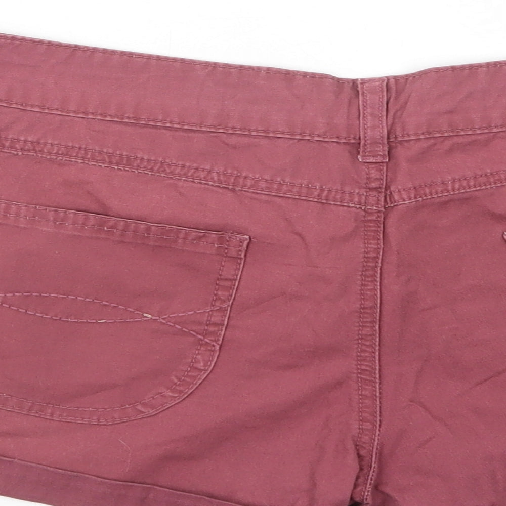 Brand and care label for Denim Co. women’s purple cotton hot pants shorts, size UK 10, 3-inch leg regular button