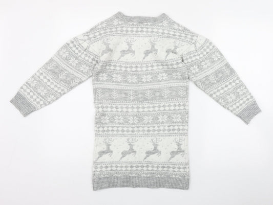TU Girls Grey Fair Isle Acrylic Jumper Dress Size 8 Years Round Neck