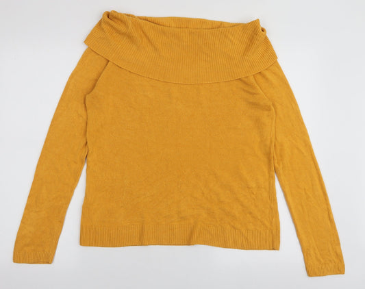 Back view of Tu women’s yellow roll neck acrylic jumper, size UK 14