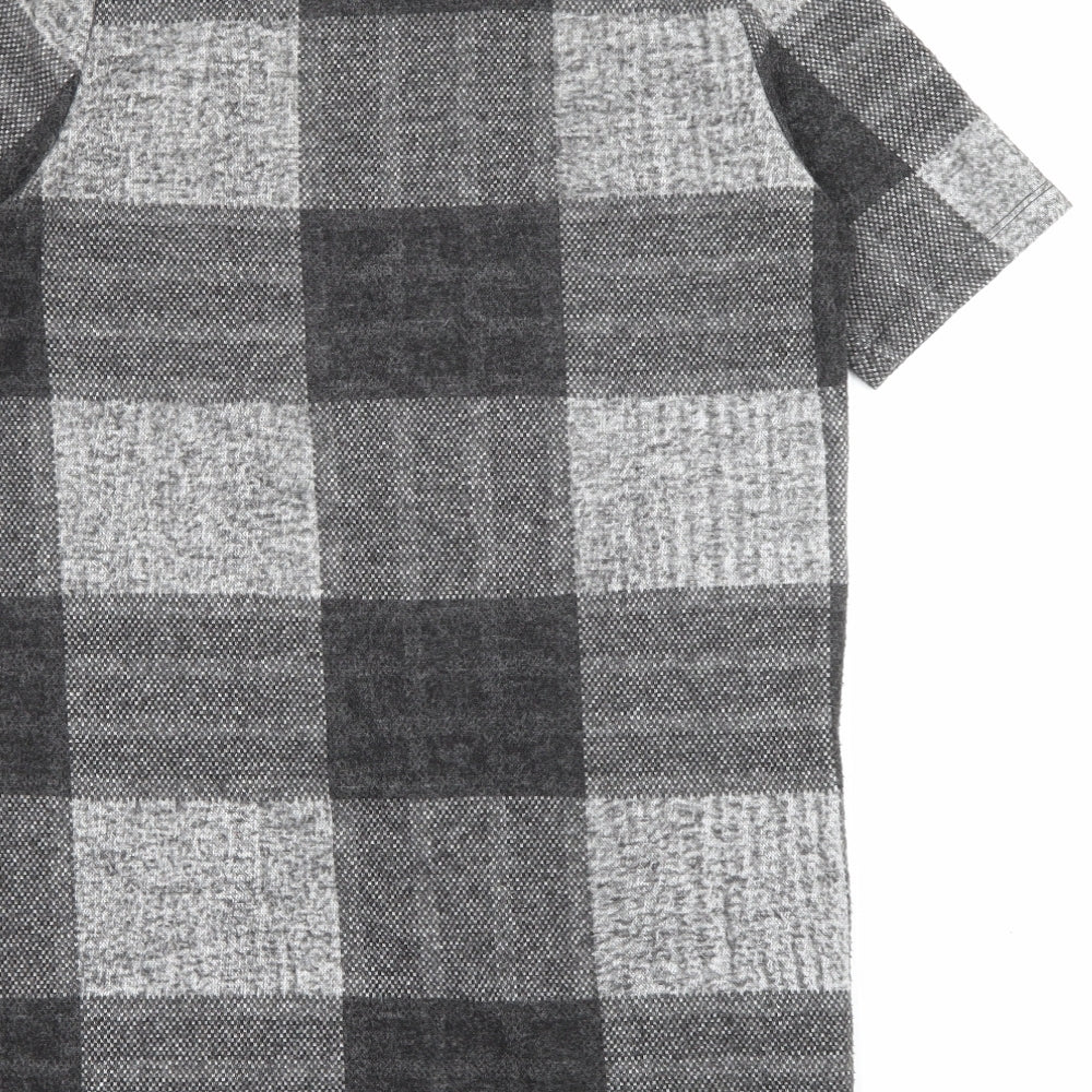Brand and care label for River Island women’s grey check polyester jumper dress, size UK 8, crew neck