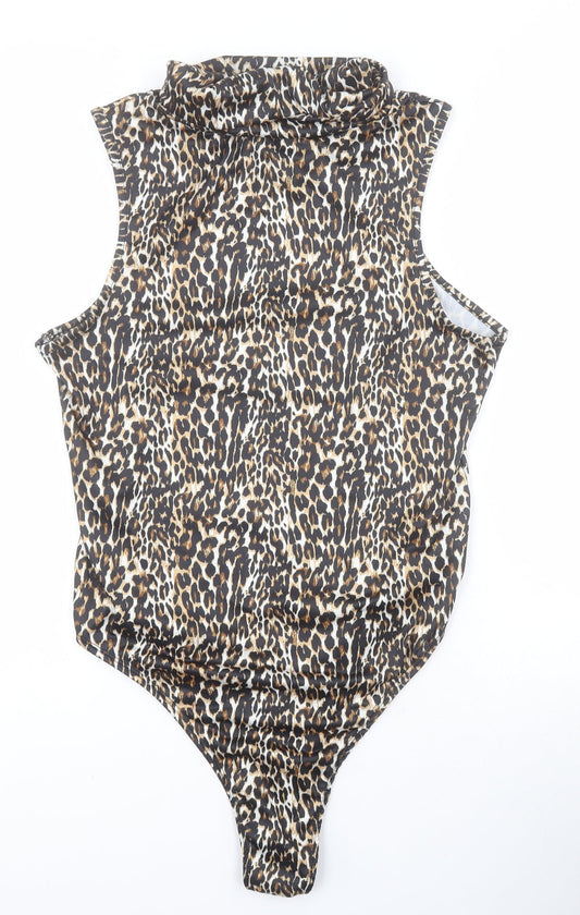 Primark Womens Brown Animal Print Polyester Bodysuit One-Piece Size M Snap