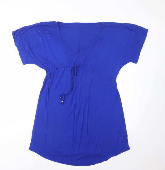 Additional front view of Dunnes women’s blue viscose t-shirt dress, size S, v-neck drawstring