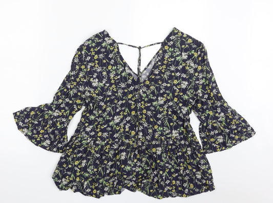 F&F Womens Blue Floral Viscose Basic Blouse Size 8 V-Neck - Tie