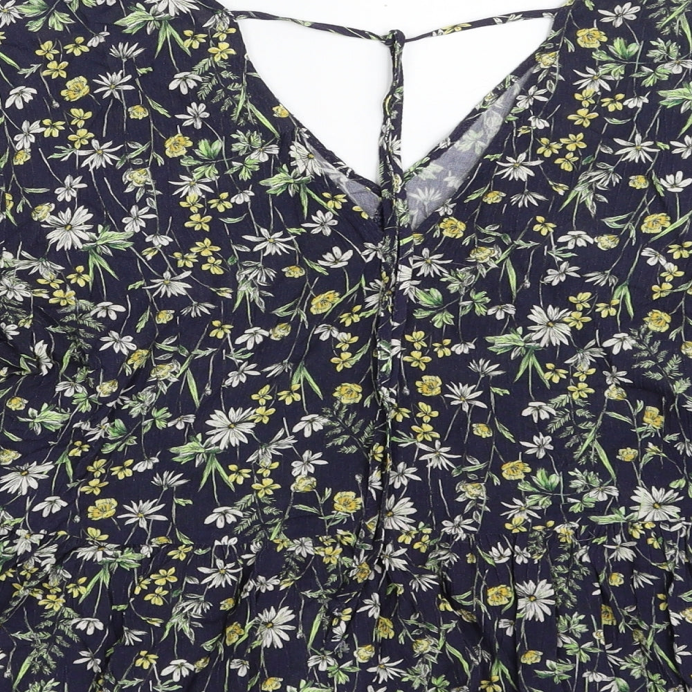 Brand and care label for F&F women’s blue floral viscose basic blouse, size UK 8, v-neck - tie