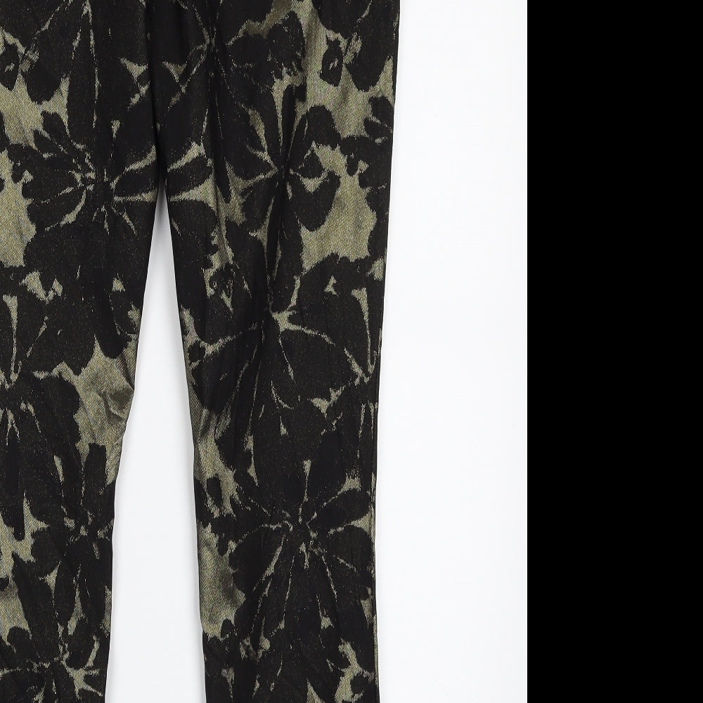 Brand and care label for Gap women’s gold floral polyester chino trousers, size UK 8, 27-inch leg slim zip - skinny ankle