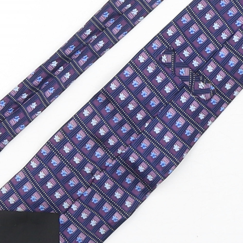 Brand and care label for Preworn men’s purple floral silk pointed tie one size