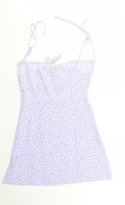 SheIn Womens Purple Floral Cotton Mini Size L Square Neck Zip