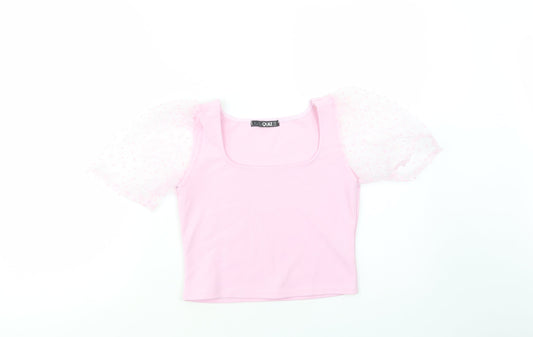 Additional front view of Quiz women’s pink polyester cropped blouse, size UK 8, square neck