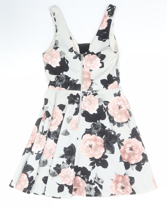 New Look Womens Grey Floral Polyester A-Line Size 8 Sweetheart Zip