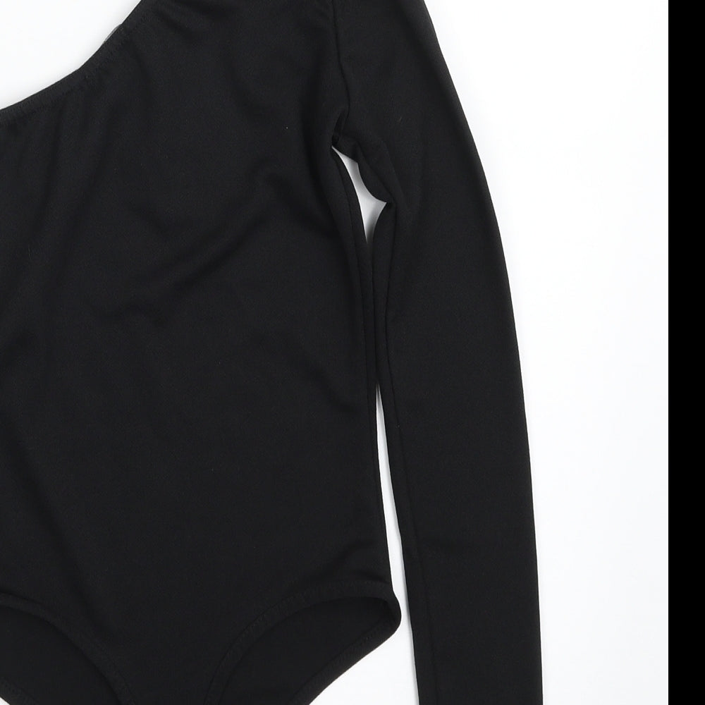 PRETTYLITTLETHING Womens Black Polyester Bodysuit One-Piece Size 6 Pullover - One Shoulder; One Sleeve