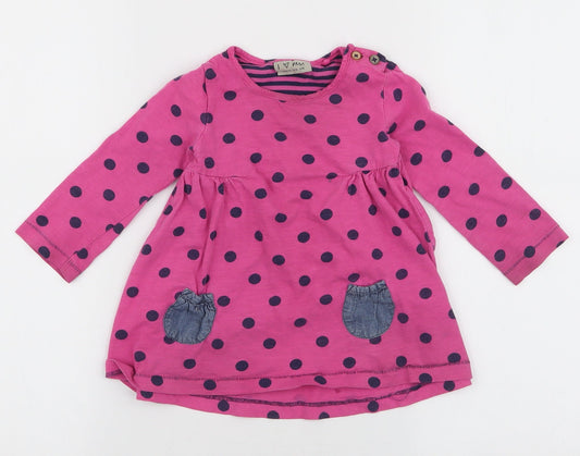 NEXT Girls Pink Polka Dot 100% Cotton Skater Dress Size 12-18 Months Round Neck Button