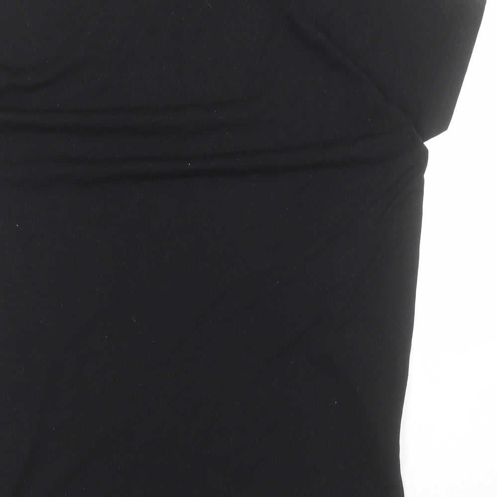 Brand and care label for F&F women’s black polyester basic polo, size XS, round neck