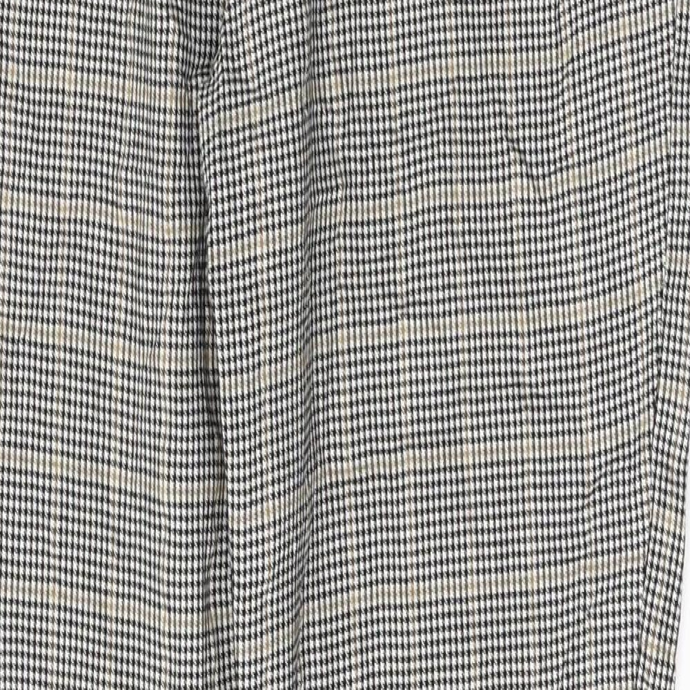 Brand and care label for New Look women’s grey houndstooth viscose trousers, size UK 12, 27-inch leg regular zip