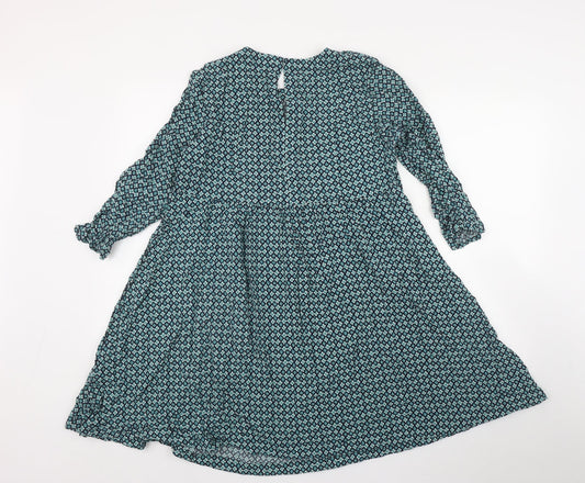 H&M Womens Green Geometric Viscose Fit & Flare Size 10 Round Neck Button