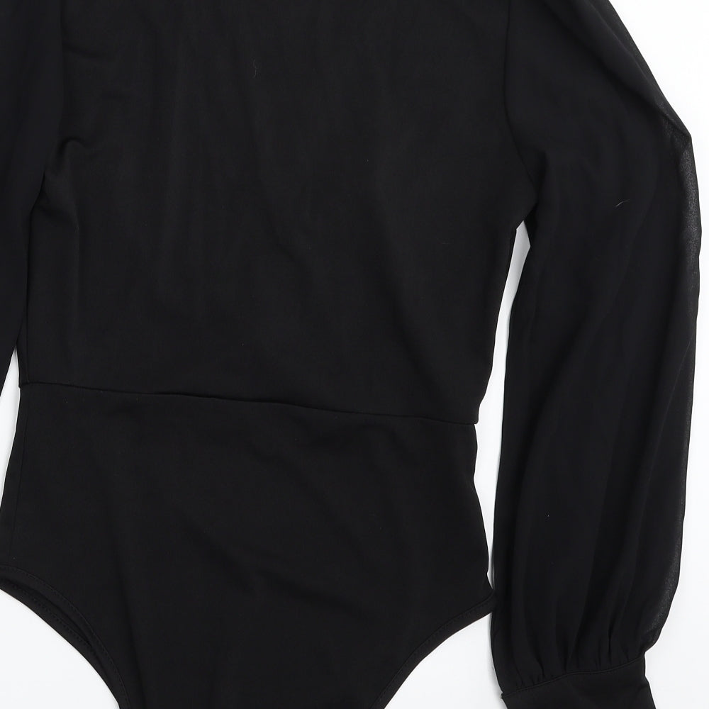 Brand and care label for SHEIN women’s black 100% polyester bodysuit one-piece, size S, snap - item length -30in