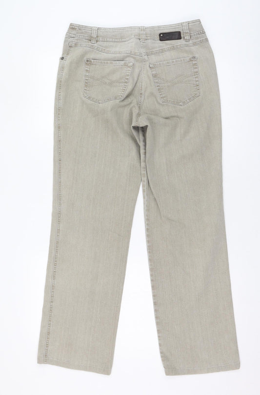 Back view of Gerry Weber women’s beige polyester bootcut jeans, size UK 32, 28-inch leg regular zip