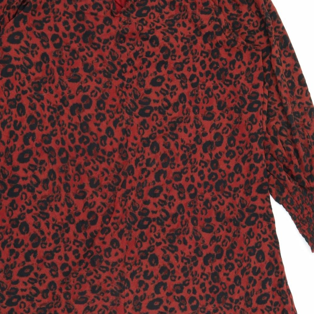 Brand and care label for Next women’s red animal print viscose sheath, size UK 14, crew neck button