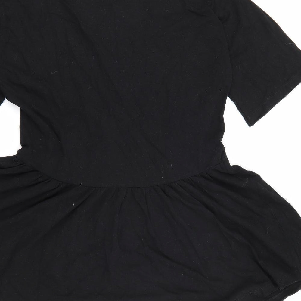 Brand and care label for ASOS women’s black cotton fit & flare, size UK 2, crew neck