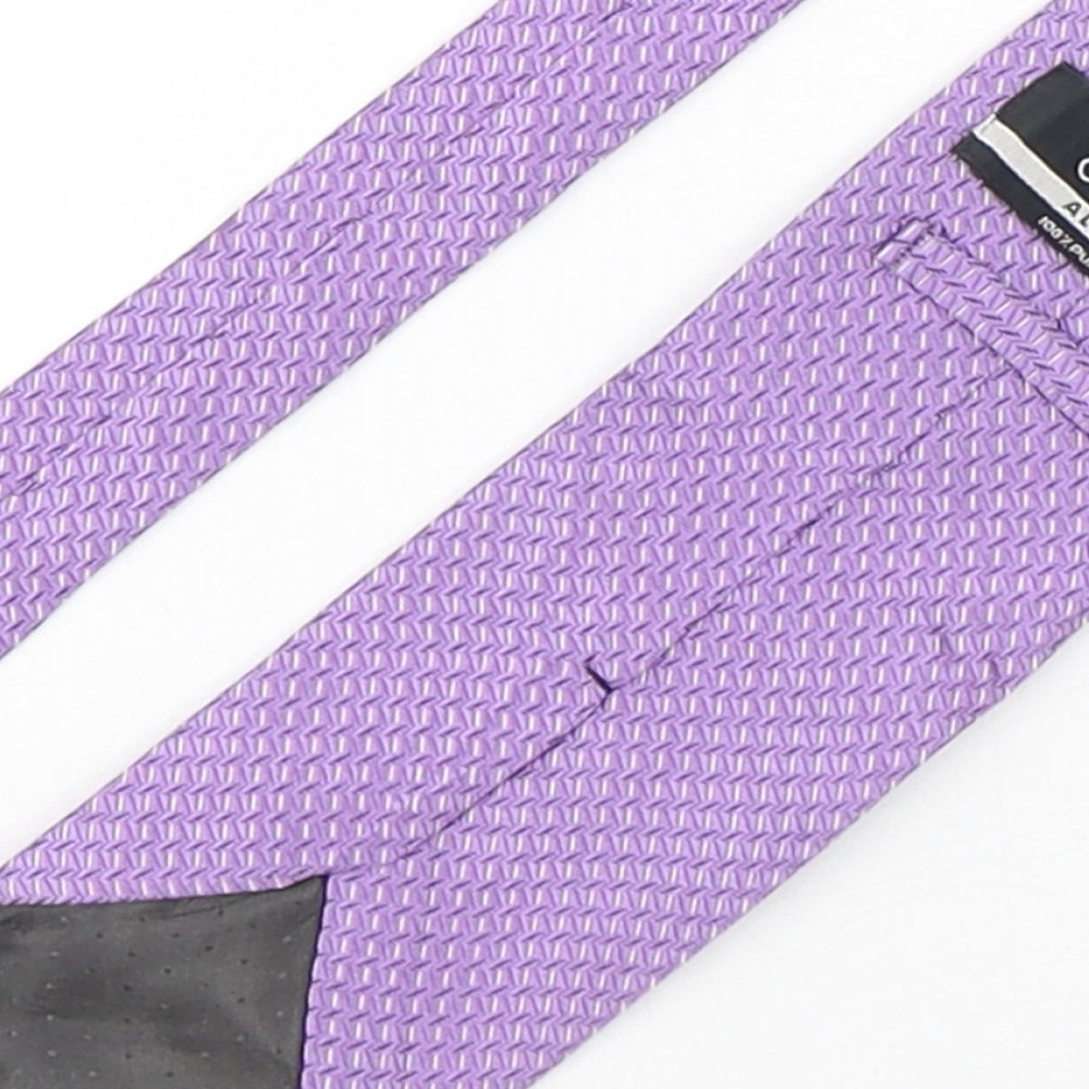 Brand and care label for Allders men’s purple geometric silk pointed tie one size