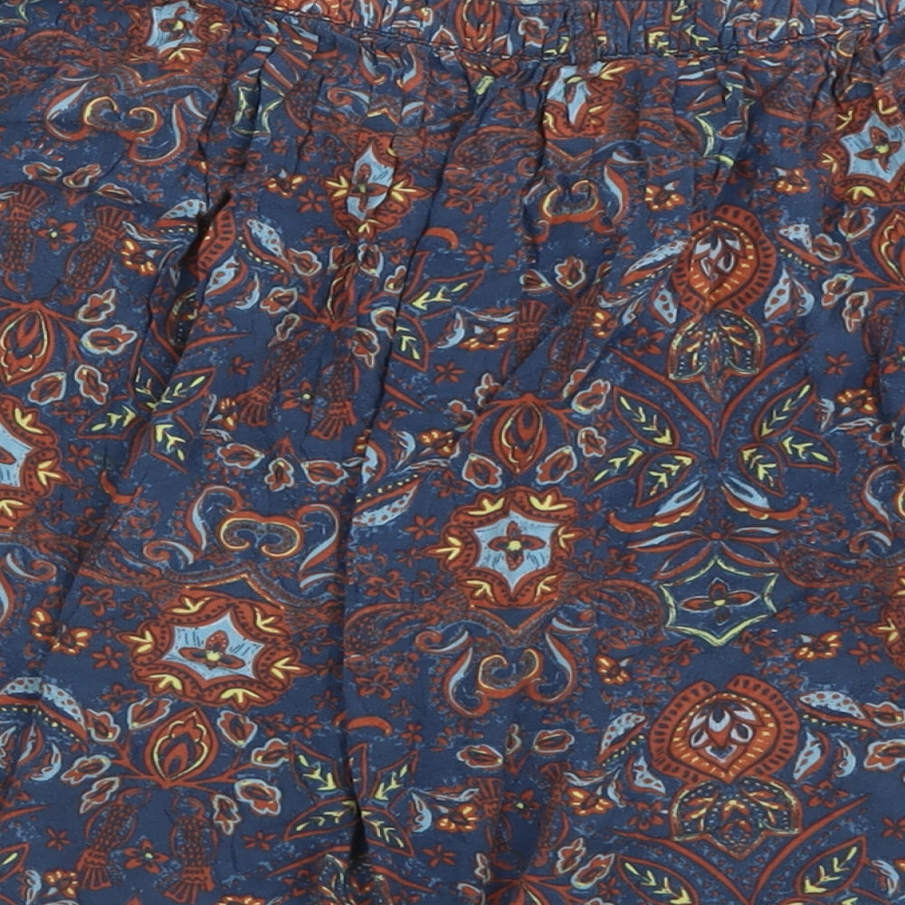 Brand and care label for Indigo women’s blue geometric viscose a-line skirt, size UK 12