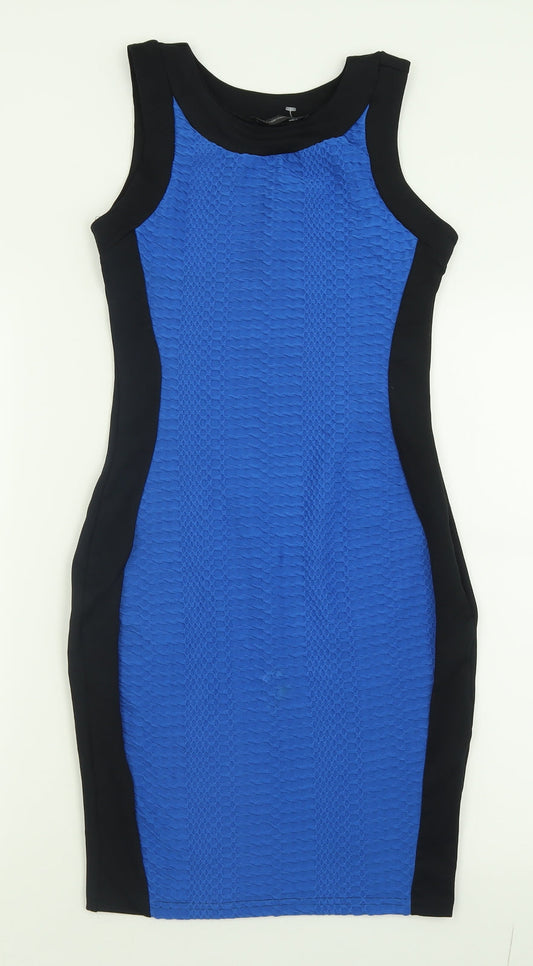 Additional front view of Internacionale women’s blue polyester bodycon, size UK 10, crew neck pullover