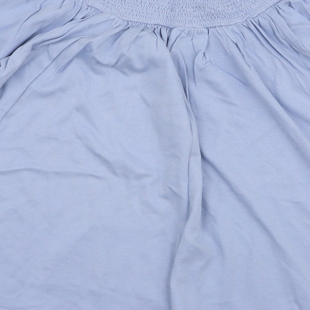 Brand and care label for George women’s blue cotton jersey blouse, size UK 8, off the shoulder