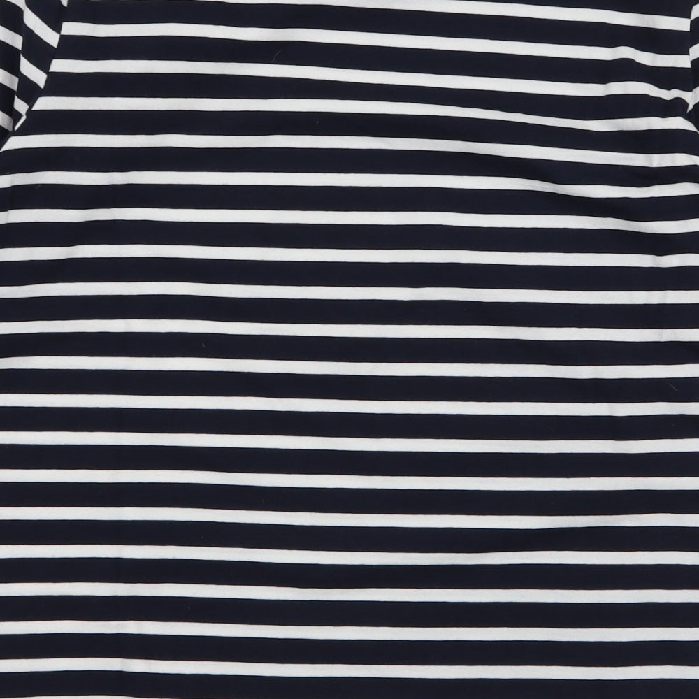 Brand and care label for Savida women’s blue striped cotton jersey t-shirt, size S, round neck