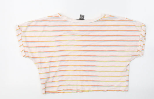 Primark Womens Pink Striped Cotton Cropped T-Shirt Size 6 Round Neck