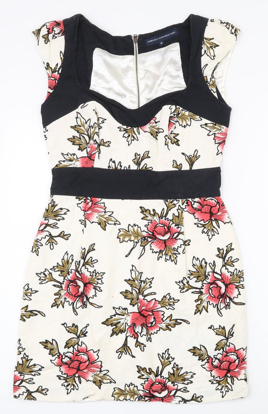 Additional front view of French Connection women’s multicoloured floral cotton bodycon, size UK 10, sweetheart zip