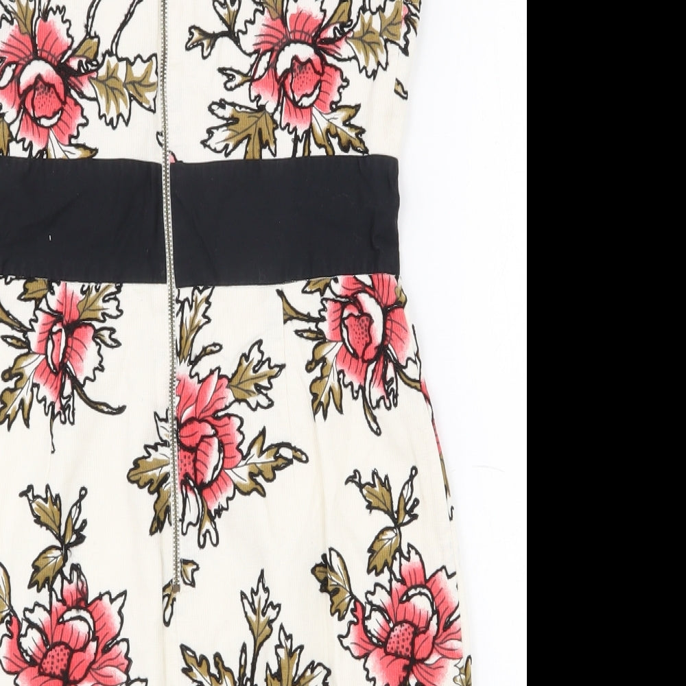 Brand and care label for French Connection women’s multicoloured floral cotton bodycon, size UK 10, sweetheart zip