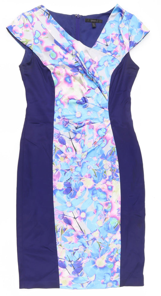 Coast Womens Multicoloured Floral Acetate Bodycon Size 10 V-Neck Zip - Asymmetric neckline