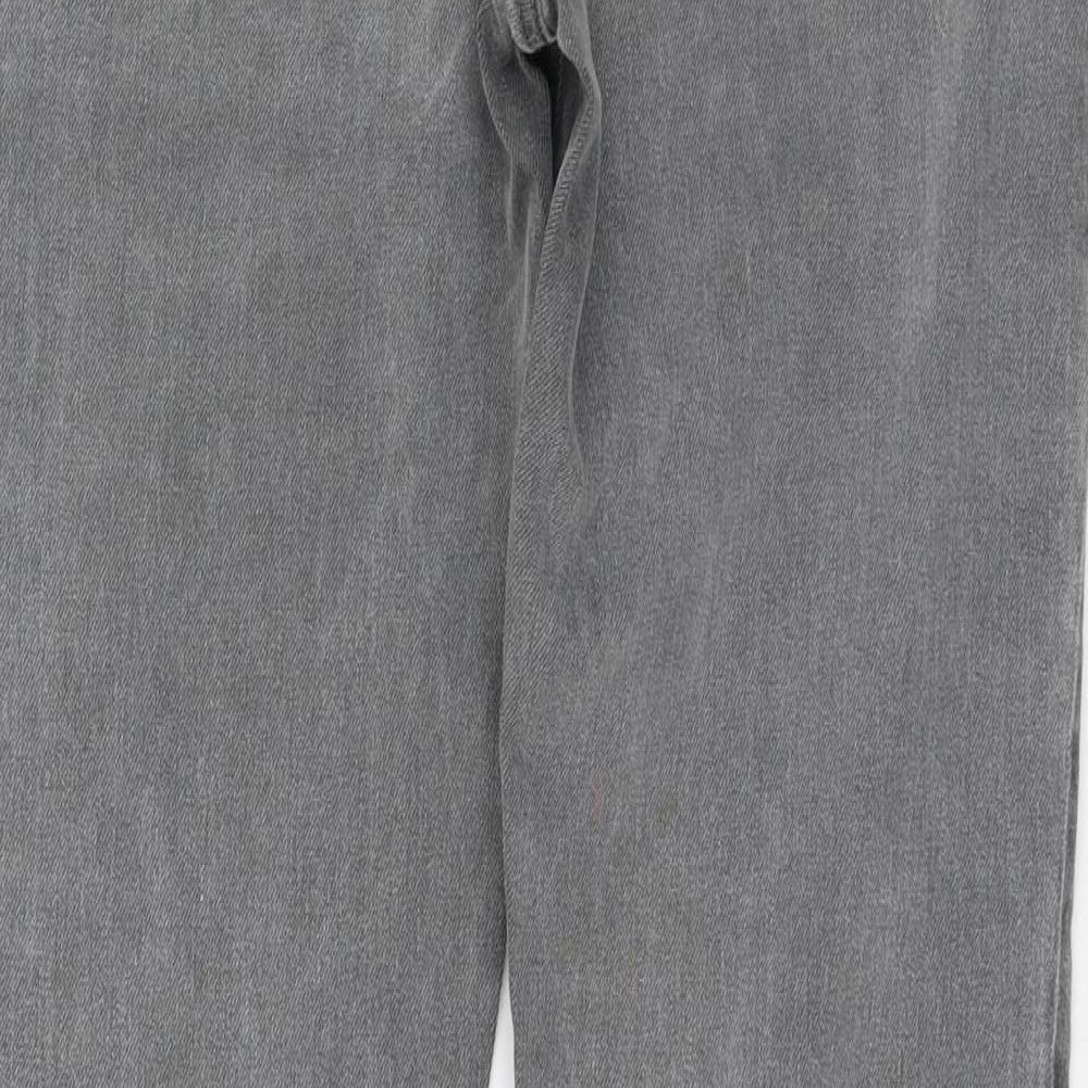 Brand and care label for ASOS women’s grey cotton skinny jeans, size UK 30, 28-inch leg regular zip