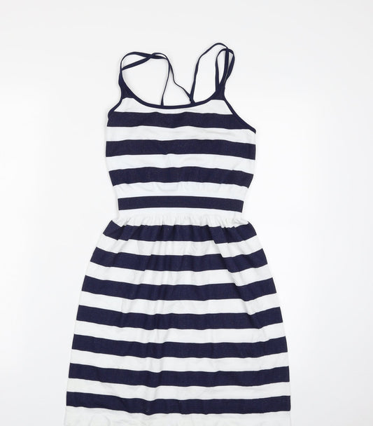 Additional front view of Atmosphere women’s blue striped polyamide fit & flare, size S, off the shoulder pullover