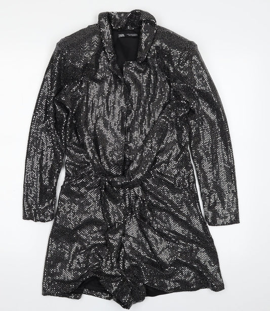 Additional front view of Zara women’s black polyester romper one-piece, size XS, button - tie