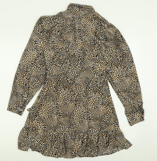 Topshop Womens Brown Animal Print Polyester Fit & Flare Size 8 Collared Zip
