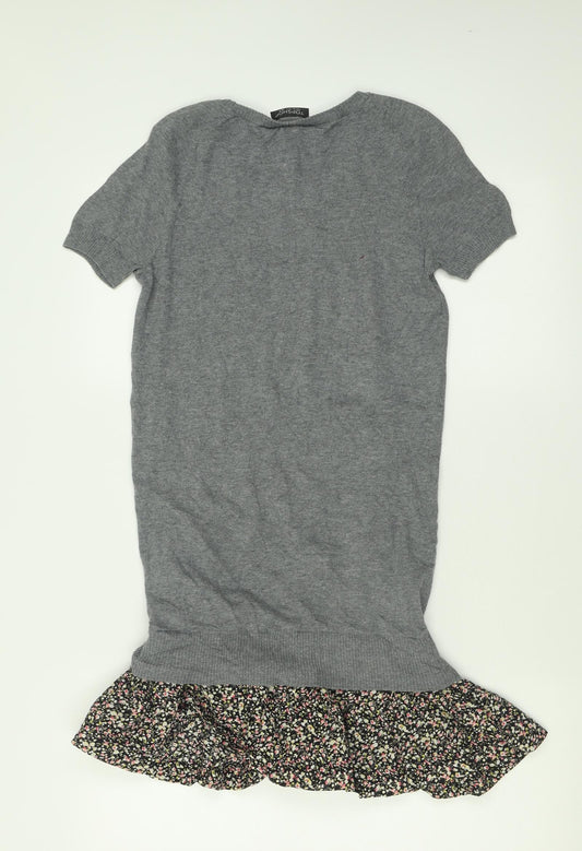 Topshop Womens Grey Floral Cotton Jumper Dress Size 8 Crew Neck Pullover