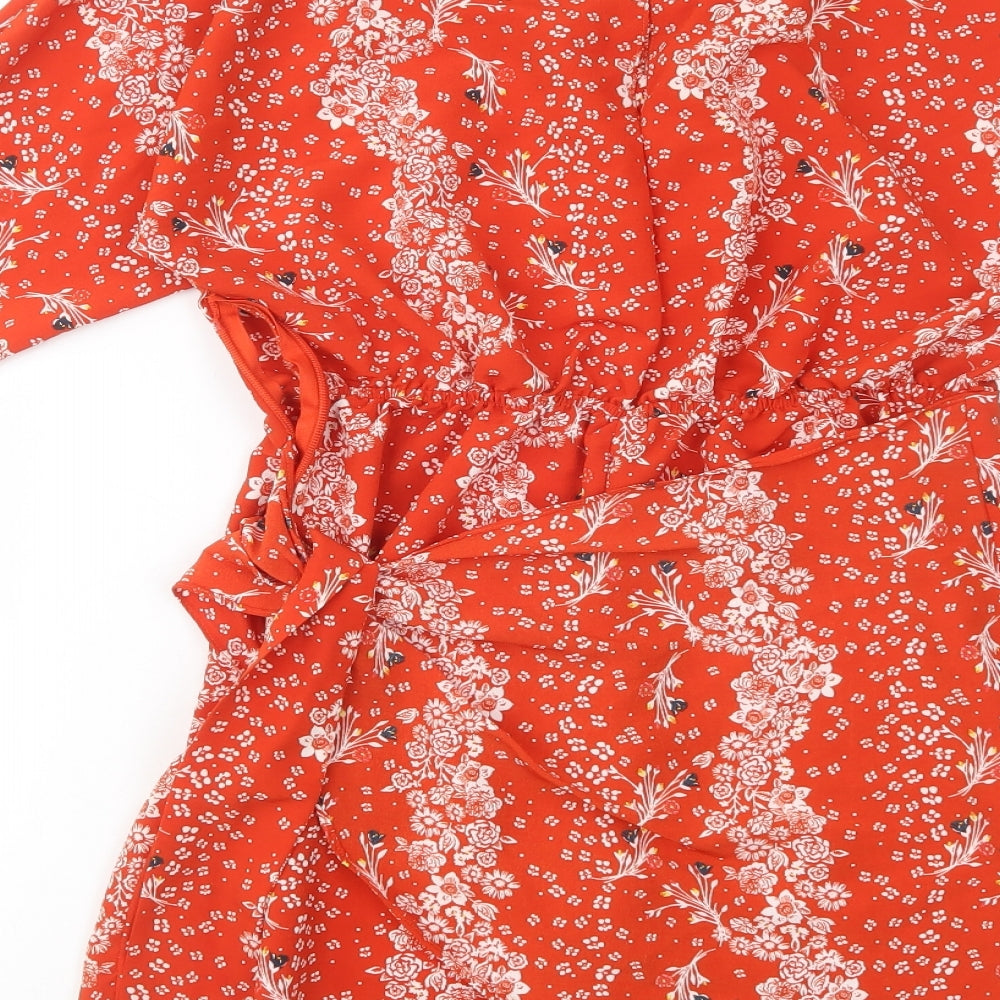 River Island Womens Red Floral Polyester Shift Size 8 V-Neck Zip