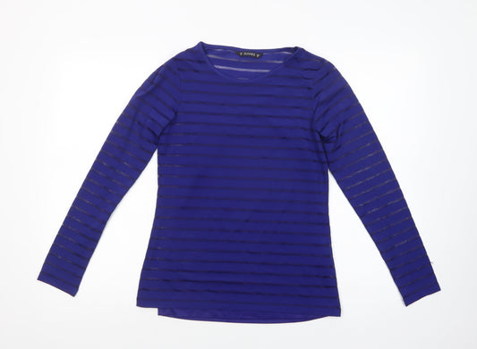 Dunnes Stores Womens Blue Striped Polyester Basic Blouse Size 10 Crew Neck