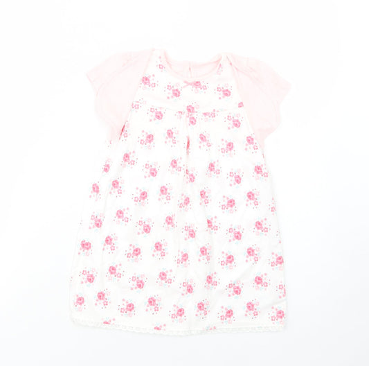 George Baby White Floral Cotton T-Shirt Dress Size 18-24 Months Crew Neck Button