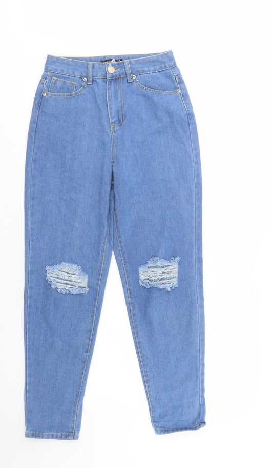 Additional front view of Boohoo women’s blue cotton mom jeans, size UK 6, 30-inch leg regular button