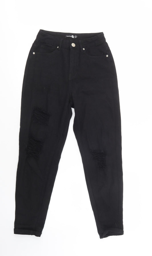 Additional front view of Boohoo women’s black cotton mom jeans, size UK 6, 28-inch leg regular button