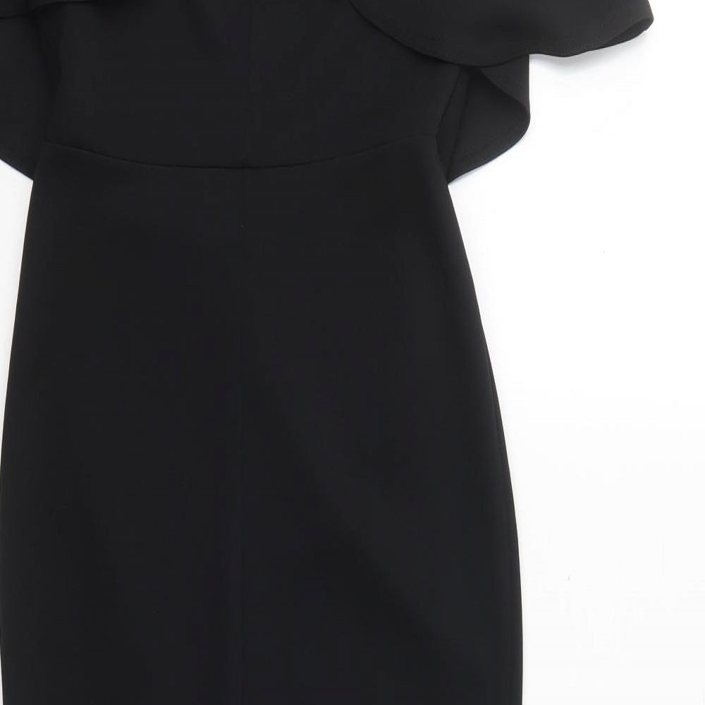 Brand and care label for ASOS women’s black polyester fit & flare, size UK 8, halter pullover