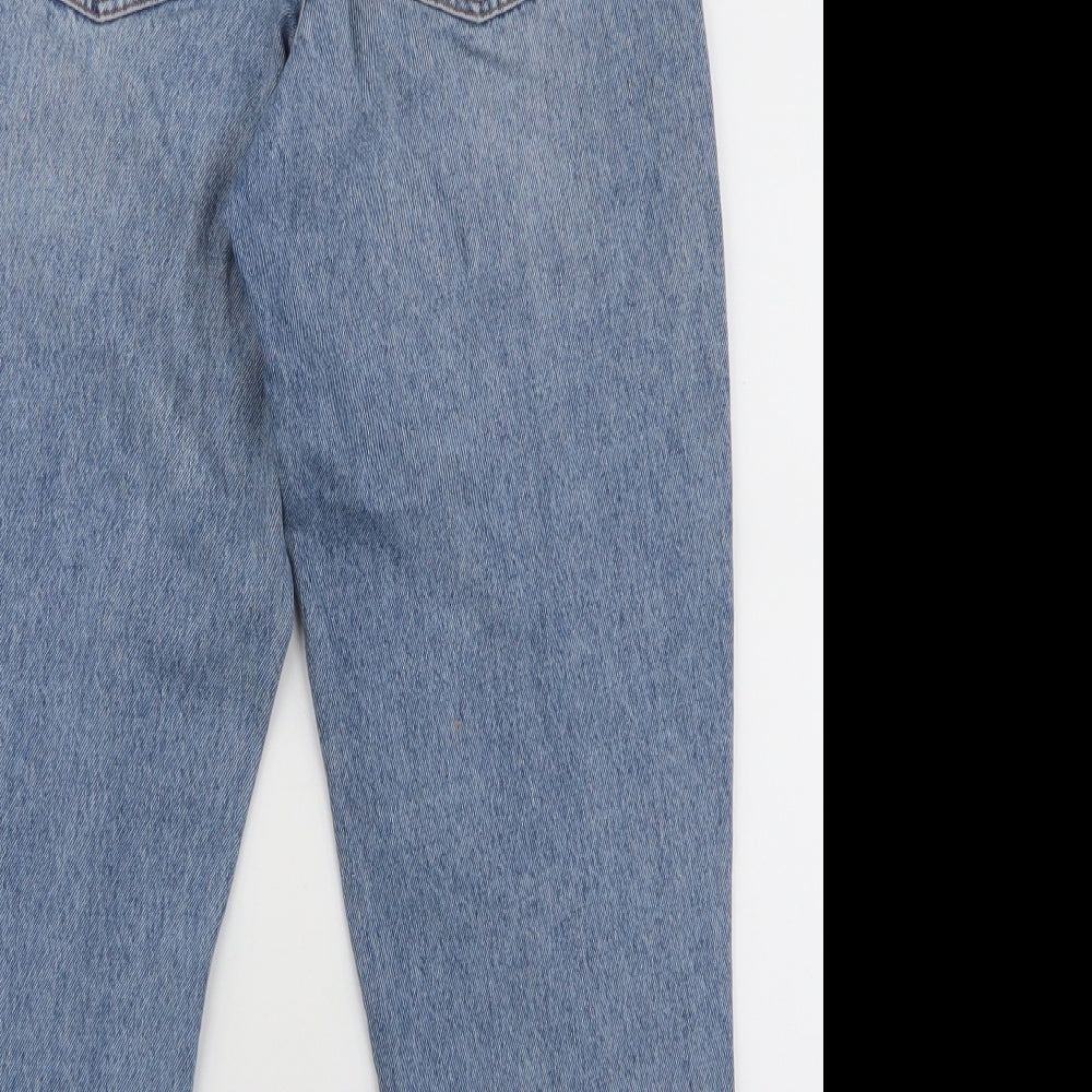 Brand and care label for ASOS women’s blue polyester mom jeans, size UK 26, in, 32-inch leg slim zip