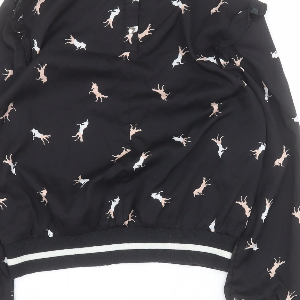 Japna Girls Black 100% Polyester Pullover Blouse Size 12 Years Round Neck Snap - Horse