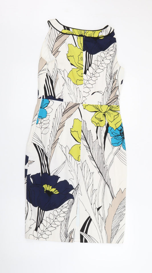 Back view of Coast women’s white floral cotton pencil dress, size UK 10, boat neck zip