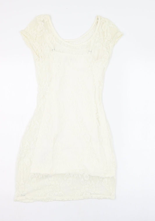 Back view of Hollister women’s ivory nylon pencil dress, size XS, round neck pullover
