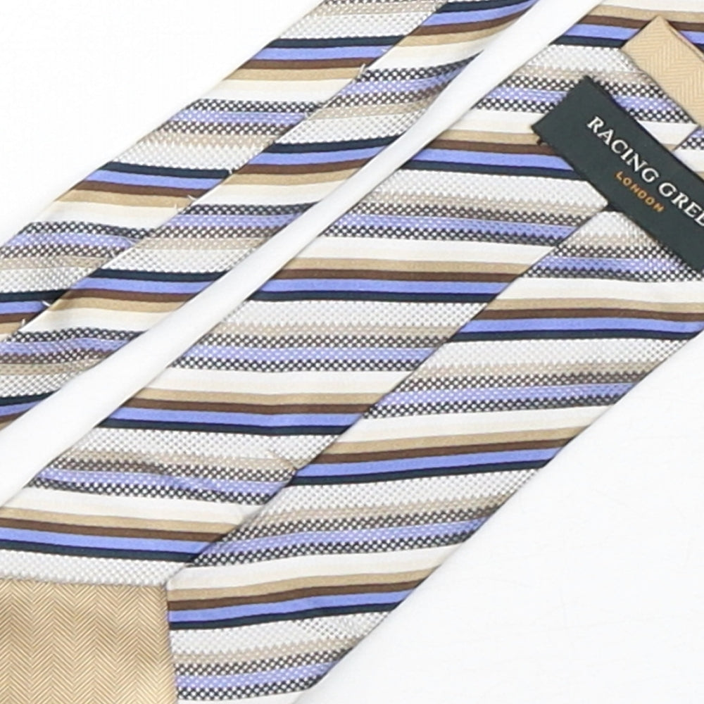 Brand and care label for Racing Green men’s multicoloured striped silk pointed tie one size