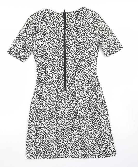 H&M Womens Black Animal Print Polyester Skater Dress Size 8 Round Neck Zip