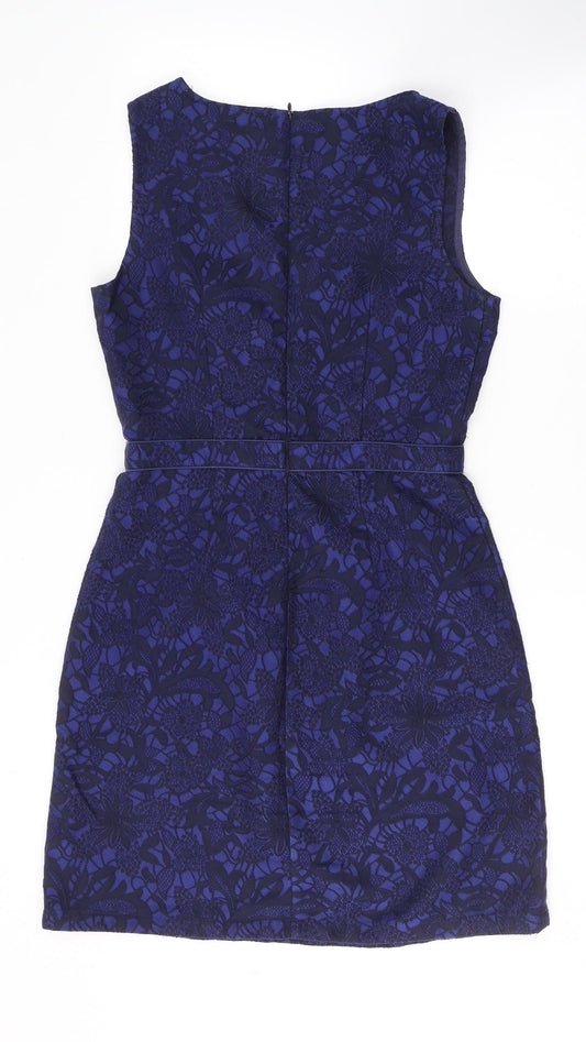 Uttam Boutique Womens Blue Floral Cotton A-Line Size 12 V-Neck Zip